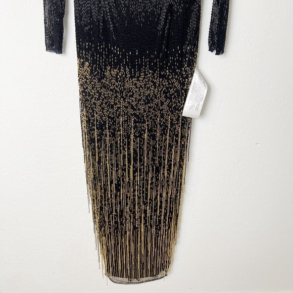 Mac Duggal Long Sleeve Beaded Fringe Evening Gown - Picture 4 of 10